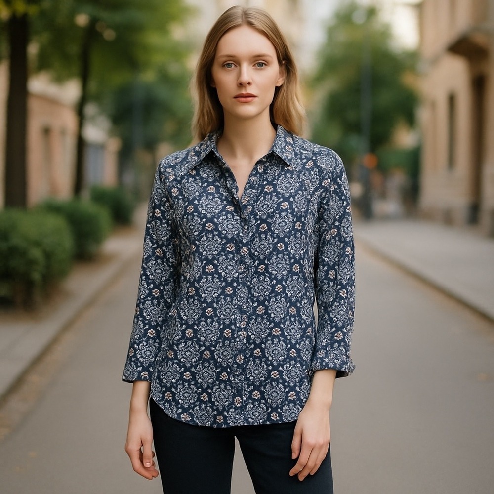 Coral Bay Linen Blend Button Down Shirt Floral‎ Print 3/4 Sleeve XL